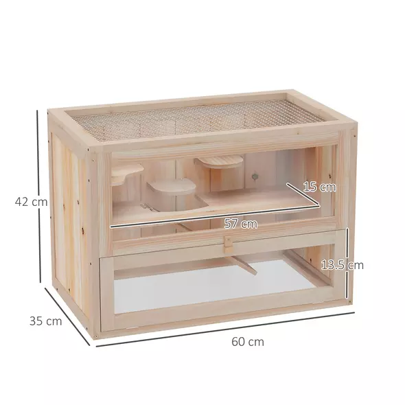 PawHut Wooden Hamster Cage Mouse Mice Rodent Small Animals Hutch Exercise Play House 60 x 35 x 42cm, Natural Wood Finish - 3