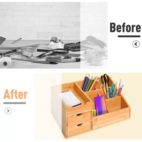 HOMCOM Desk Organiser Holder, Bamboo Multi-Function Storage Caddy with 7 Storage Compartments and 2 Drawers for Home Office Stationary Supplies, Natural Bamboo - 4