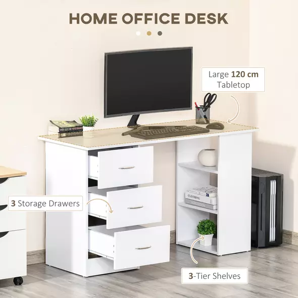 HOMCOM Computer Desk, Home Office Desk, Writing Table, PC Workstation with 3 Storage Shelves and 3 Drawers for Working, Study, 120 x 49 x 72 cm, White - 4