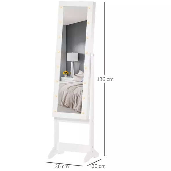 HOMCOM Free Standing LED Mirrored Jewelry Cabinet Armoire Floor Organiser W/ 3 Angle Adjustable For Rings Earrings Bracelets Cosmetics Warm White - 3