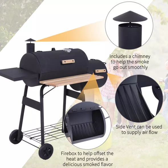 Outsunny Portable Charcoal BBQ Grill, Cold-rolled Steel, Solid Wood, 104H x 124L x53W cm-Black - 6