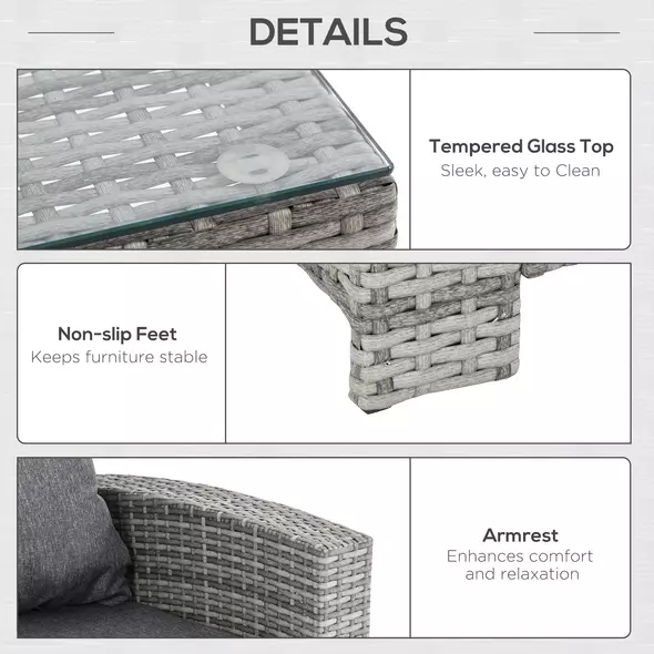 Outsunny 6 Pieces PE Rattan Garden Furniture Set with Three-seat, Armchairs and Footstools, Aluminium Patio Wicker Dining Sets w/ Glass Top Dining Table, Soft Cushion, Light Grey - 6