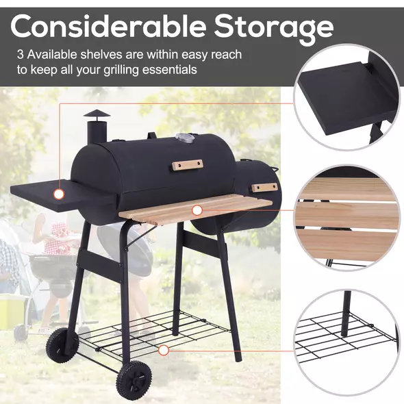 Outsunny Portable Charcoal BBQ Grill, Cold-rolled Steel, Solid Wood, 104H x 124L x53W cm-Black - 7