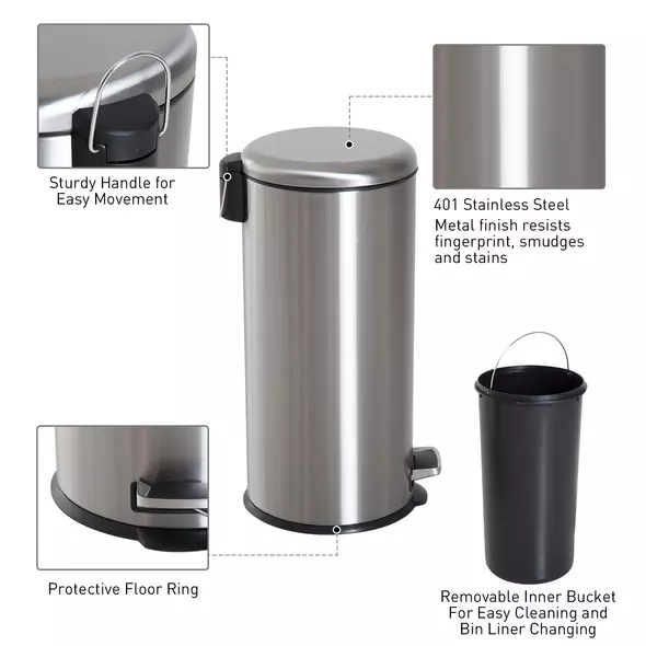 HOMCOM Foot Pedal Bin Stainless Steel Metal Waste Rubbish Lid Kitchen Garbage 30L Silver - 5