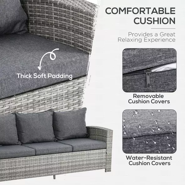 Outsunny 6 Pieces PE Rattan Garden Furniture Set with Three-seat, Armchairs and Footstools, Aluminium Patio Wicker Dining Sets w/ Glass Top Dining Table, Soft Cushion, Light Grey - 5