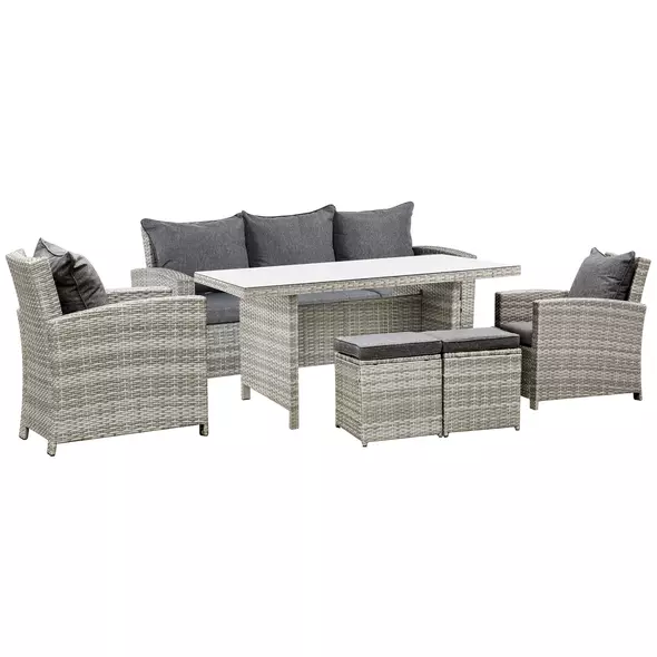 Outsunny 6 Pieces PE Rattan Garden Furniture Set with Three-seat, Armchairs and Footstools, Aluminium Patio Wicker Dining Sets w/ Glass Top Dining Table, Soft Cushion, Light Grey - 1