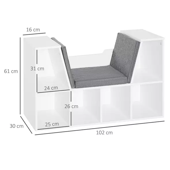 HOMCOM Bookcase Storage Shelf with Cushioned Reading Seat, Cube Bookshelf Organizer for Bedroom Living Room, White - 3