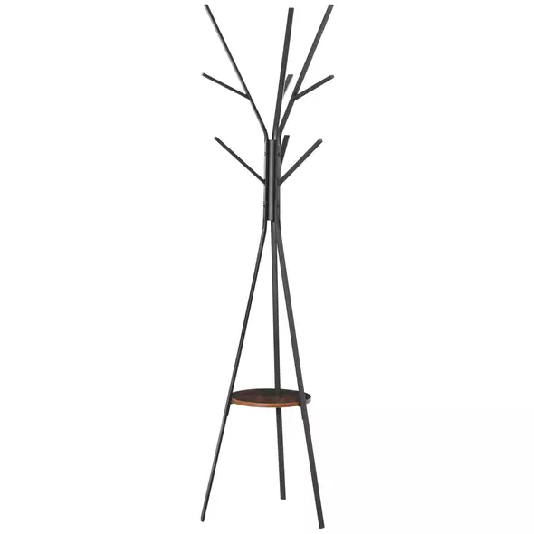 HOMCOM Freestanding Metal Coat Rack Stand 9 Hooks Clothes Tree with 1 Shelf Hat Display Hall Tree Hanger Bag Umbrella Hanging Organiser Brown - 1