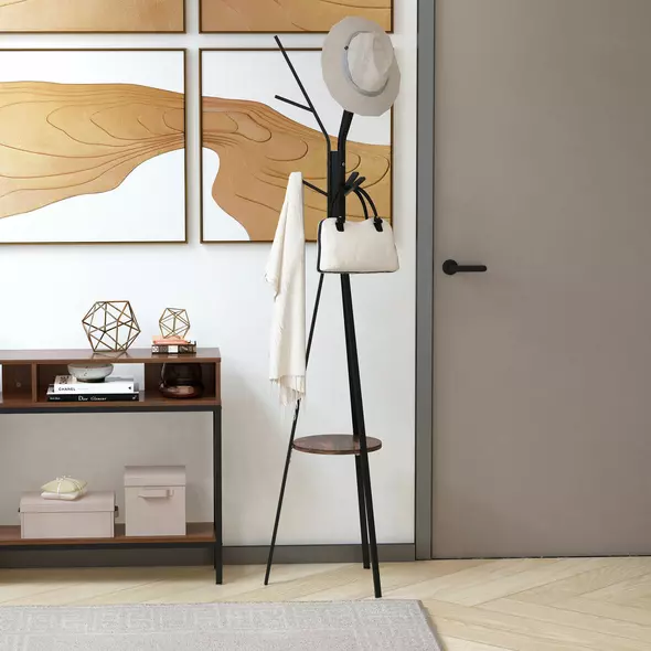 HOMCOM Freestanding Metal Coat Rack Stand 9 Hooks Clothes Tree with 1 Shelf Hat Display Hall Tree Hanger Bag Umbrella Hanging Organiser Brown - 2