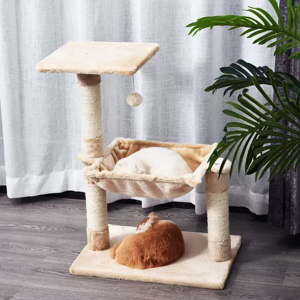 PawHut Cat Scratch Post with Bed Cat Tree for Indoor Cats Sisal Scratching Posts Hammock Kitty Activity Centre Beige - 2