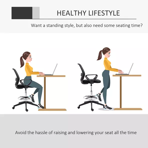 Vinsetto Drafting Chair, Ergonomic Tall Office Chair with Mesh Back, Lumbar Support, Adjustable Height and Foot Ring, Swivel Wheels, for Standing Desk, Black - 4