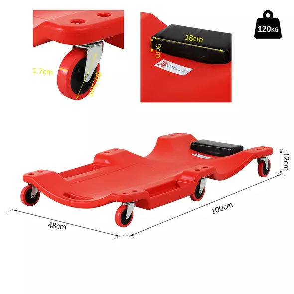 DURHAND Mechanic Vehicle Creeper, Under-Car Rolling Crawler Board, with Headrest, Wheels, Red - 3
