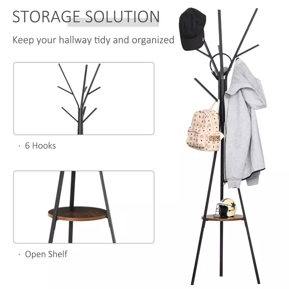 HOMCOM Freestanding Metal Coat Rack Stand 9 Hooks Clothes Tree with 1 Shelf Hat Display Hall Tree Hanger Bag Umbrella Hanging Organiser Brown - 4