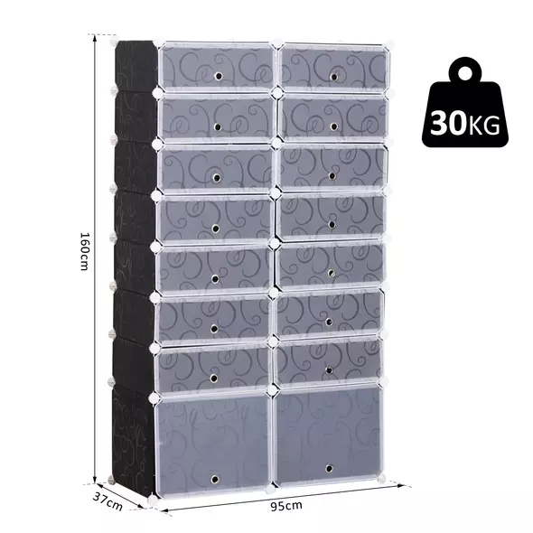 HOMCOM 16 Cube Shoe Rack, 2 x 8 Tier Shoe Storage Cabinet, Modular Plastic Shelves for Bedroom, Living Room and Entryway, Space Saving Footwear Organizer, 32 Pairs, White and Black - 3