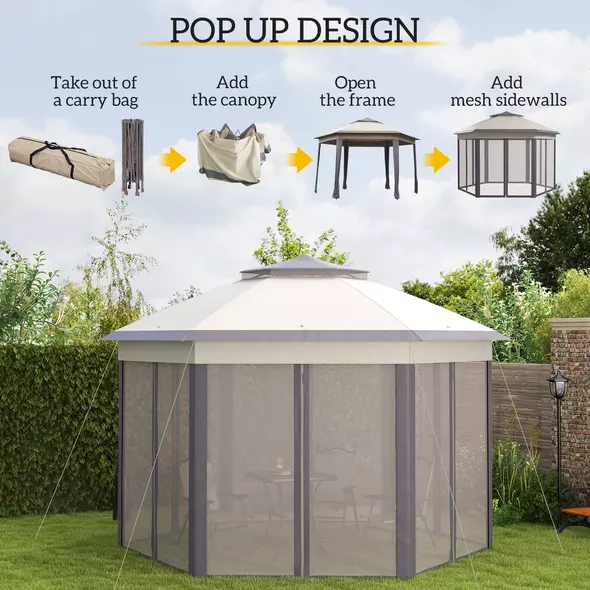 Outsunny 3 x 4m Garden Gazebo Hexagon Pop Up Gazebo Party Tent Canopy Double Roof Instant Shelter with Netting and Carry Bag for Outdoor Patio, Beige - 4