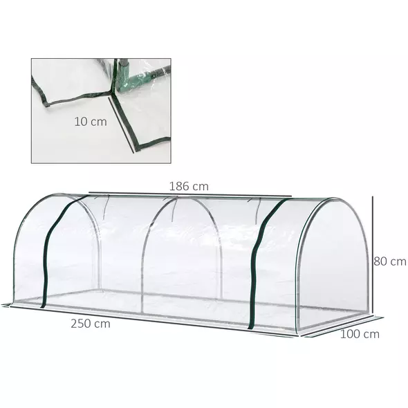 Outsunny Mini Greenhouse, Small Polytunnel Green House with Zipped Doors, Steel Frame for Garden Patio, 250 x 100 x 80cm, Clear - 3