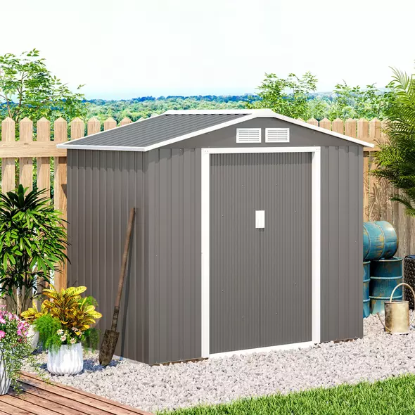 Outsunny 7ft x 4ft Lockable Garden Metal Storage Shed Storage Roofed Tool Metal Shed w/ Air Vents Steel Grey - 2