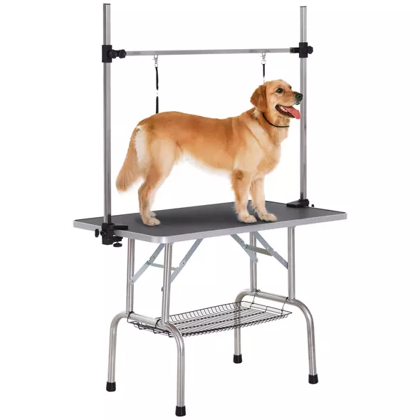 PawHut 42" Dog Grooming Table, Adjustable Pet Cat Drying Beauty Table with 2 Loops Storage Basket, Rubber Top, Black - 1