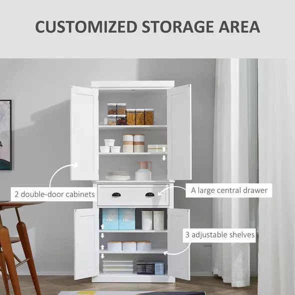 HOMCOM Freestanding Kitchen Cupboard, 184cm Tall Storage Cabinet with Doors and Shelves, Traditional Colonial 4-Door Kitchen Pantry Cupboard with Drawer, White - 4