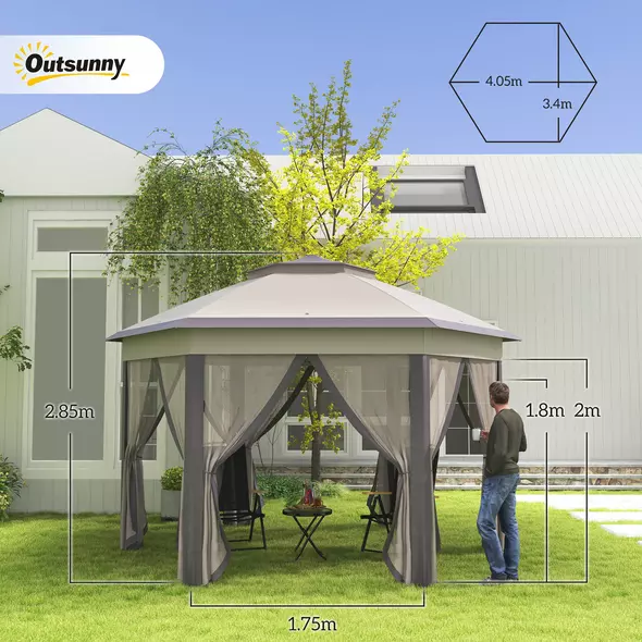Outsunny 3 x 4m Garden Gazebo Hexagon Pop Up Gazebo Party Tent Canopy Double Roof Instant Shelter with Netting and Carry Bag for Outdoor Patio, Beige - 3