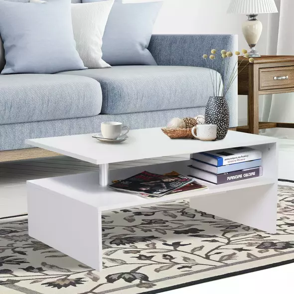 HOMCOM Coffee Table with Storage, 2-Tier Centre Table, Modern Living Room Table with Open Shelf and Aluminium Poles, White - 2