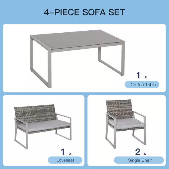 Outsunny 4PC Rattan Garden Furniture Set 2 Single Sofa Arm Chairs 1 Bench with Cushions & Coffee Table Patio Backyard Wicker Weave - 4