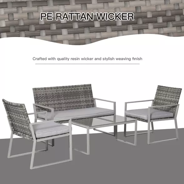 Outsunny 4PC Rattan Garden Furniture Set 2 Single Sofa Arm Chairs 1 Bench with Cushions & Coffee Table Patio Backyard Wicker Weave - 5