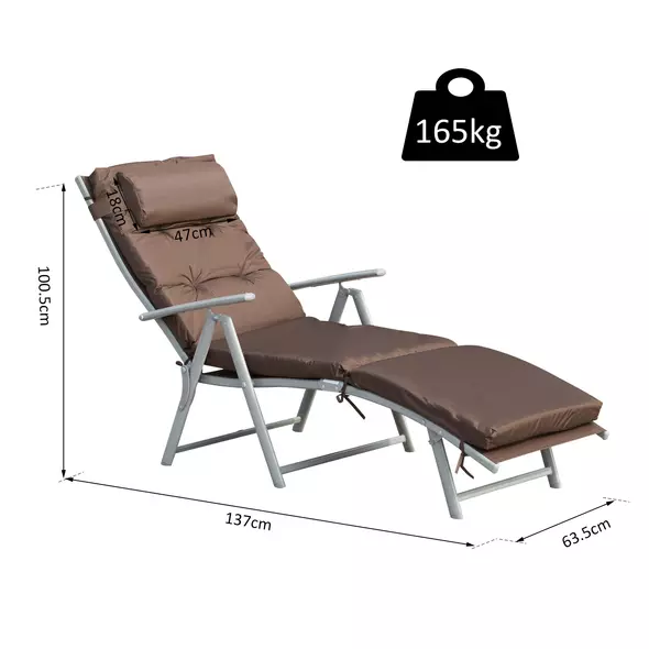 Outsunny Sun Lounger Steel Frame Outdoor Folding Chaise Texteline Lounge Chair Recliner with Headrest & 7 Levels Adjustable Backrest, Brown - 3