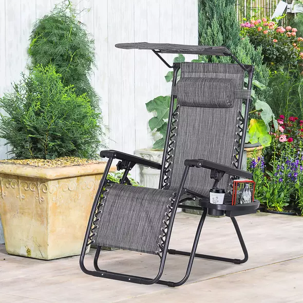 Outsunny Foldable Reclining Garden Chair with Headrest, Zero Gravity Deck Sun Lounger Seat Chair with Footrest, Armrest, Cup Holder & Canopy Shade, Grey - 3