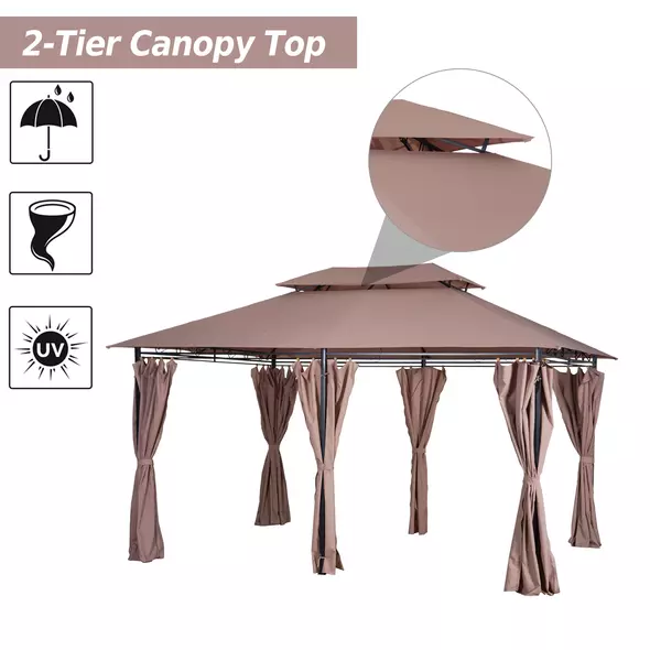 Outsunny 4m x 3(m)Garden Gazebo, Double Roof Outdoor Gazebo Canopy Shelter with Curtains, Solid Steel Frame for Patio, Garden, Brown - 4