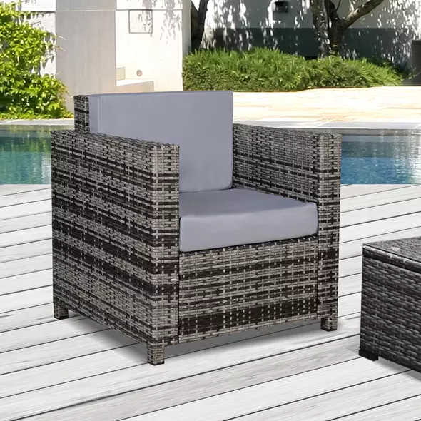Outsunny Rattan Garden Armchair 10cm Cushion Outdoor Single Chair with Steel Frame, Grey - 1