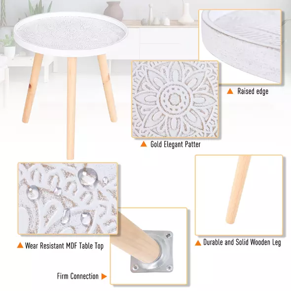 HOMCOM Coffee Table, Carved Floral Round Table with Tray-style Top and Wood Legs, Modern Side Table for Living Room, White - 6