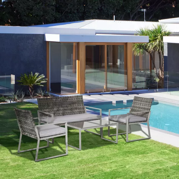 Outsunny 4PC Rattan Garden Furniture Set 2 Single Sofa Arm Chairs 1 Bench with Cushions & Coffee Table Patio Backyard Wicker Weave - 2