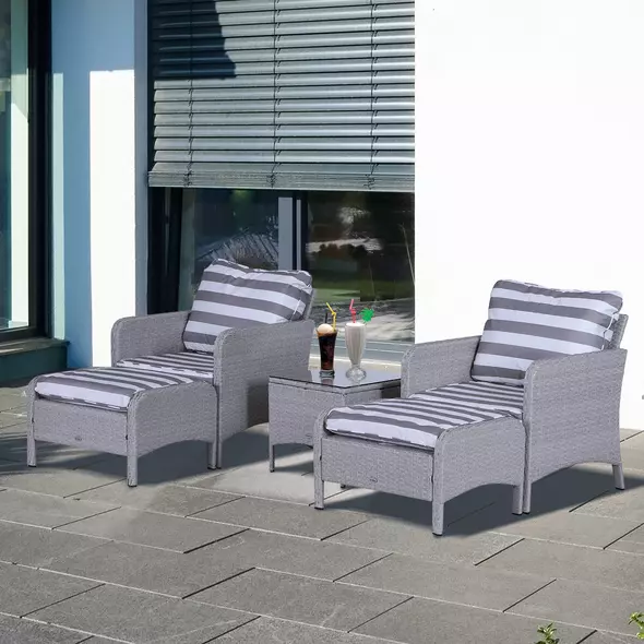 Outsunny 5 Pieces PE Rattan Garden Furniture Set with 10cm Thick Padded Cushions, Wicker Weave Outdoor Seating Chairs with 2 Armchairs, 2 Stools, Glass Top Table, Grey and White - 2