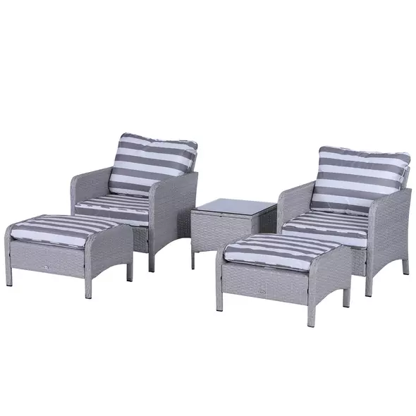 Outsunny 5 Pieces PE Rattan Garden Furniture Set with 10cm Thick Padded Cushions, Wicker Weave Outdoor Seating Chairs with 2 Armchairs, 2 Stools, Glass Top Table, Grey and White - 1
