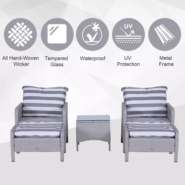 Outsunny 5 Pieces PE Rattan Garden Furniture Set with 10cm Thick Padded Cushions, Wicker Weave Outdoor Seating Chairs with 2 Armchairs, 2 Stools, Glass Top Table, Grey and White - 4