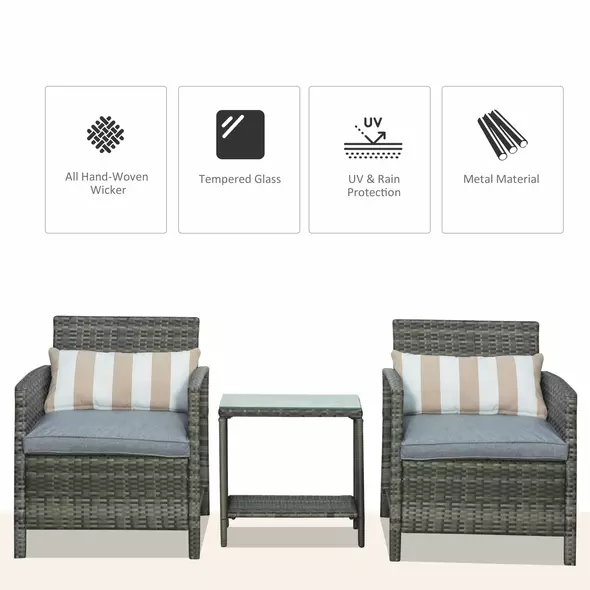 Outsunny 3 Pieces Rattan Bistro Set, Wicker Garden Furniture Set, Glass Top 2-tier Coffee Table and Chairs Set with Pillows and Washable Cushions for Outdoor, Patio, Balcony, Grey - 4