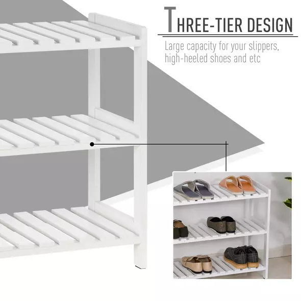 HOMCOM 3-Tier Shoe Rack Wood Frame Slatted Shelves Spacious Open Hygienic Storage Home Hallway Furniture Family Guests 70L x 26W x 57.5H cm - White - 5