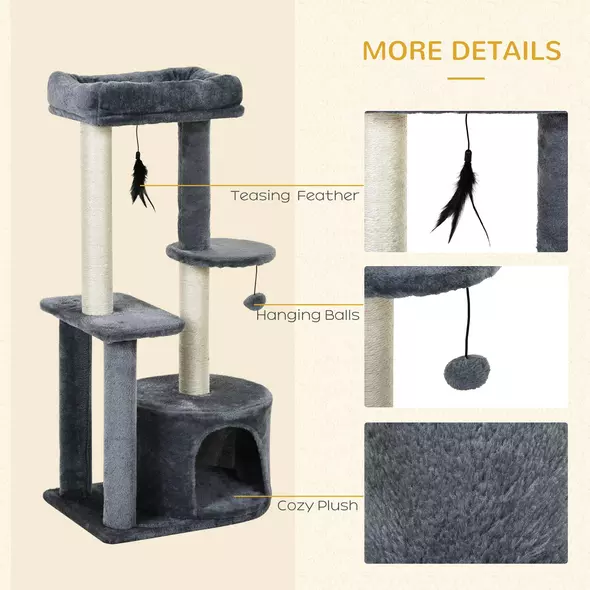 PawHut 100cm Cat Tree for Indoor Cats, Cat Tower Condo for Kittens with Cat House Sisal Scratching Posts, Hanging Ball Toys, Perches - Grey - 7
