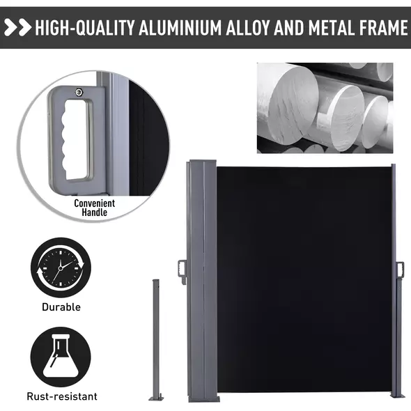 Outsunny 600 x 180 cm (HxL) Retractable Awning Double Canopy Side Privacy Protection Sun Shade Side Blind w/ Steel Frame Versatile Use In Garden Patio - Black - 6
