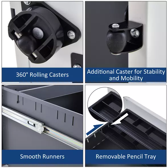Vinsetto Lockable Cabinet, Rolling Filing Cabinet with 3 Drawers, Steel Office Drawer Unit for A4, Letter, Legal Sized Files - 6