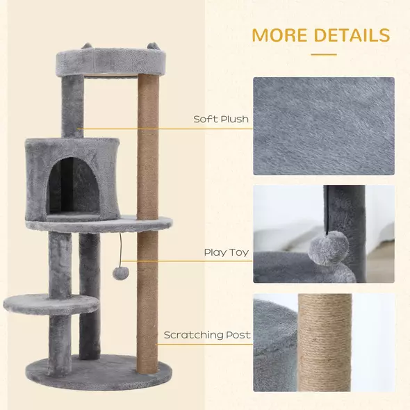 PawHut 104 cm Cat Tree, Cat Condo Tree Tower, Cat Activity Centre with Scratching Posts, Plush Perches, Hanging Ball - Grey - 6