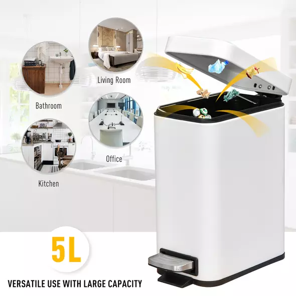 HOMCOM 5L Rectangular Compact Bin Steel Body Removable Bucket Quiet-Close Lid w/ Pedal Lid Rubbish Trash Can Home Office Bedroom Bathroom Living Room Garbage Tidy Clean White - 4