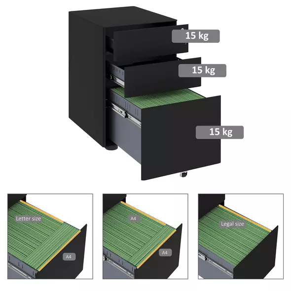 Vinsetto Lockable Cabinet, Rolling Filing Cabinet with 3 Drawers, Steel Office Drawer Unit for A4, Letter, Legal Sized Files - 4