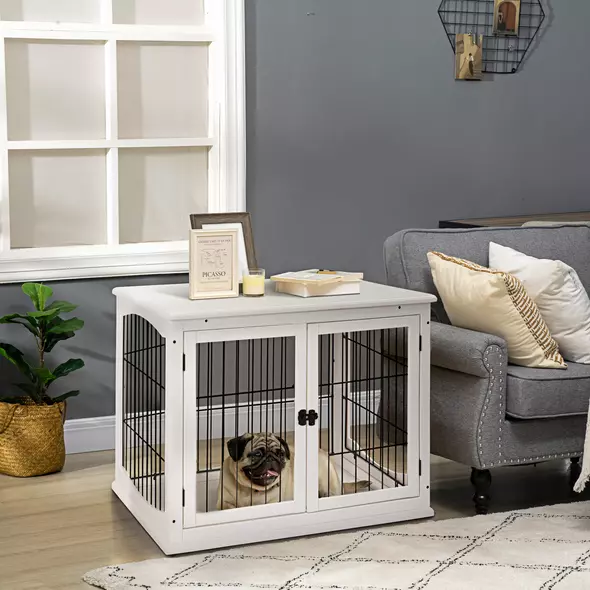 PawHut Dog Crate Furniture, Puppy Crate End Table, Pet Kennel House with 2 Doors for Medium and Small Dogs, 81 x 58.5 x 66 cm, White - 2