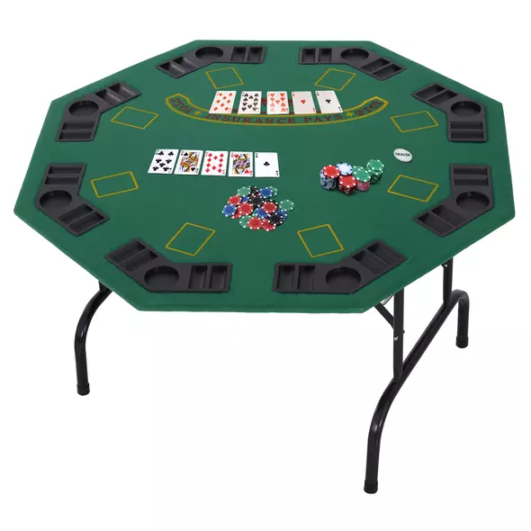 HOMCOM 8 Player Folding Games Poker Table with Chip Cup Holder Steel Base Felt Top Octagon Blackjack Green - 9