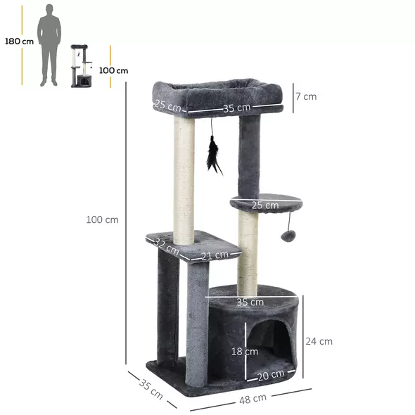 PawHut 100cm Cat Tree for Indoor Cats, Cat Tower Condo for Kittens with Cat House Sisal Scratching Posts, Hanging Ball Toys, Perches - Grey - 3
