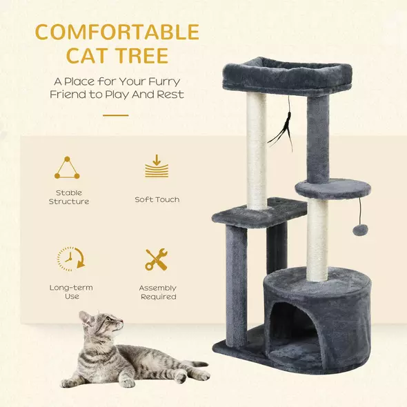 PawHut 100cm Cat Tree for Indoor Cats, Cat Tower Condo for Kittens with Cat House Sisal Scratching Posts, Hanging Ball Toys, Perches - Grey - 6