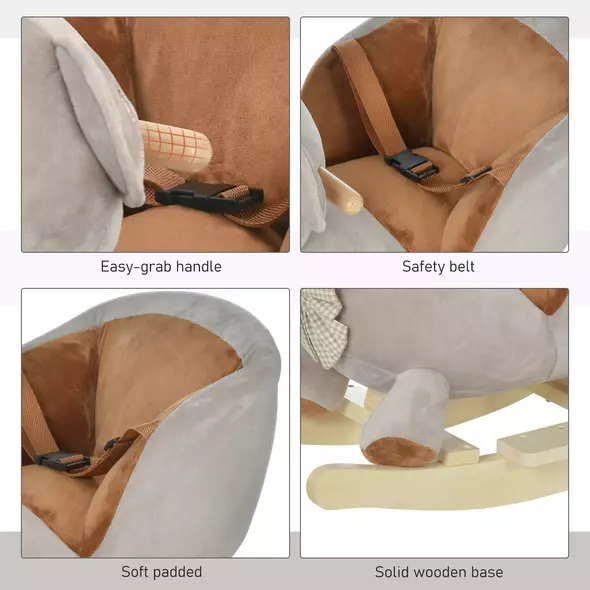 HOMCOM Kids Children Rocking Horse Plush Ride On Bear Seat w/ Sound Wood Base Seat Safety Belt Toddler Baby Toy for 18-36 Months Grey - 6