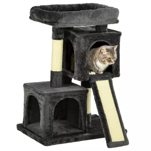PawHut Cat Tree for Indoor Cats 81cm Cat Scratching Post Scratch Board Kitten Tower Climbing Frame, Black - 1